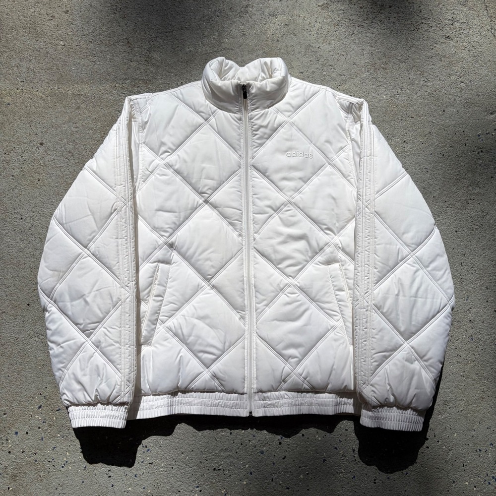 Adidas White Diamond Quilted Puffer Jacket Full Zip Logo Men's Large